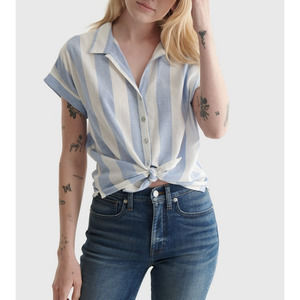 M Lucky Brand Blue White Stripe Tie Front Button-Down Blouse Shirt Top Short Slv